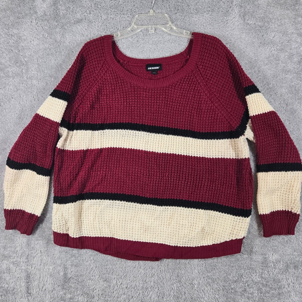 Joe Boxer Womens 3X Striped Waffle Knit Sweater Burgundy Cream Black Pullover